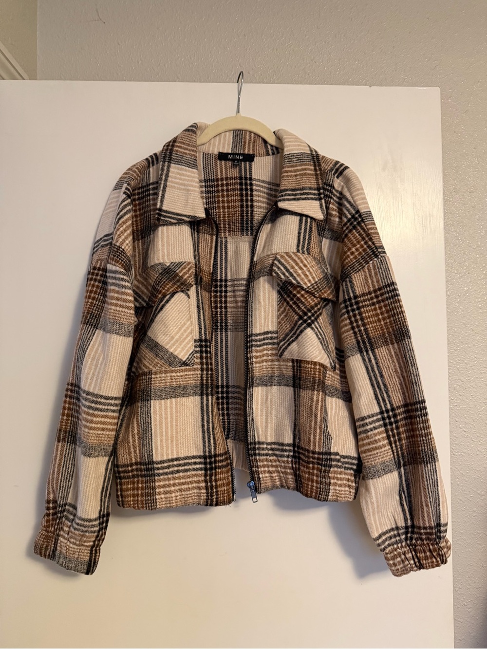MINE Beige & Brown Plaid Zip-Front Cropped Jacket